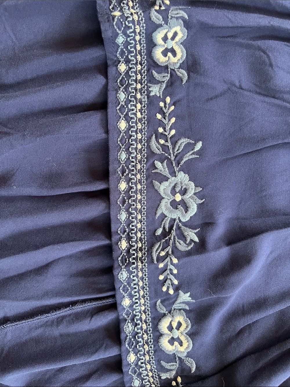 Time and Tru Navy Maxi Skirt with White and Blue Floral Embroidered Hem - Picture 12 of 14